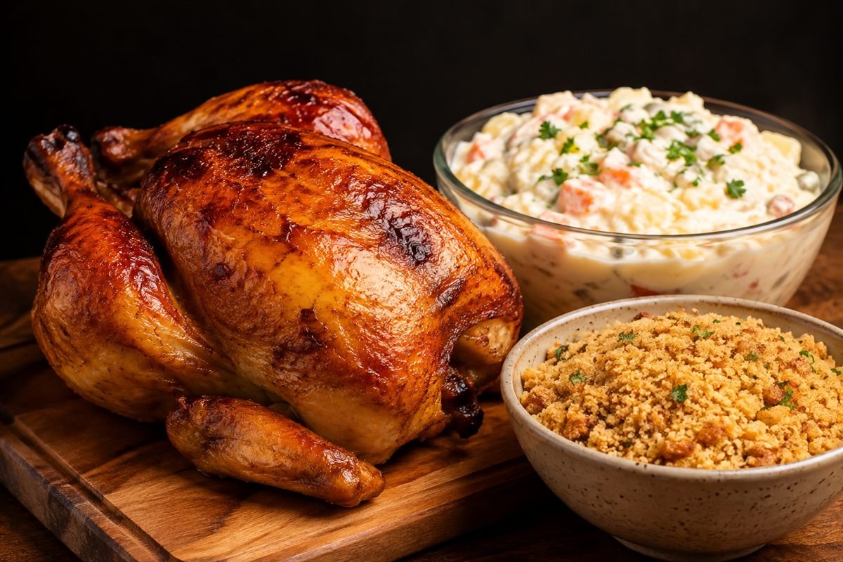 Frango assado com maionese e farofa
